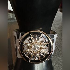 YiK Fung Vintage faux fur&  glitter and gold medallion bracelet/Cuff .2” wide.